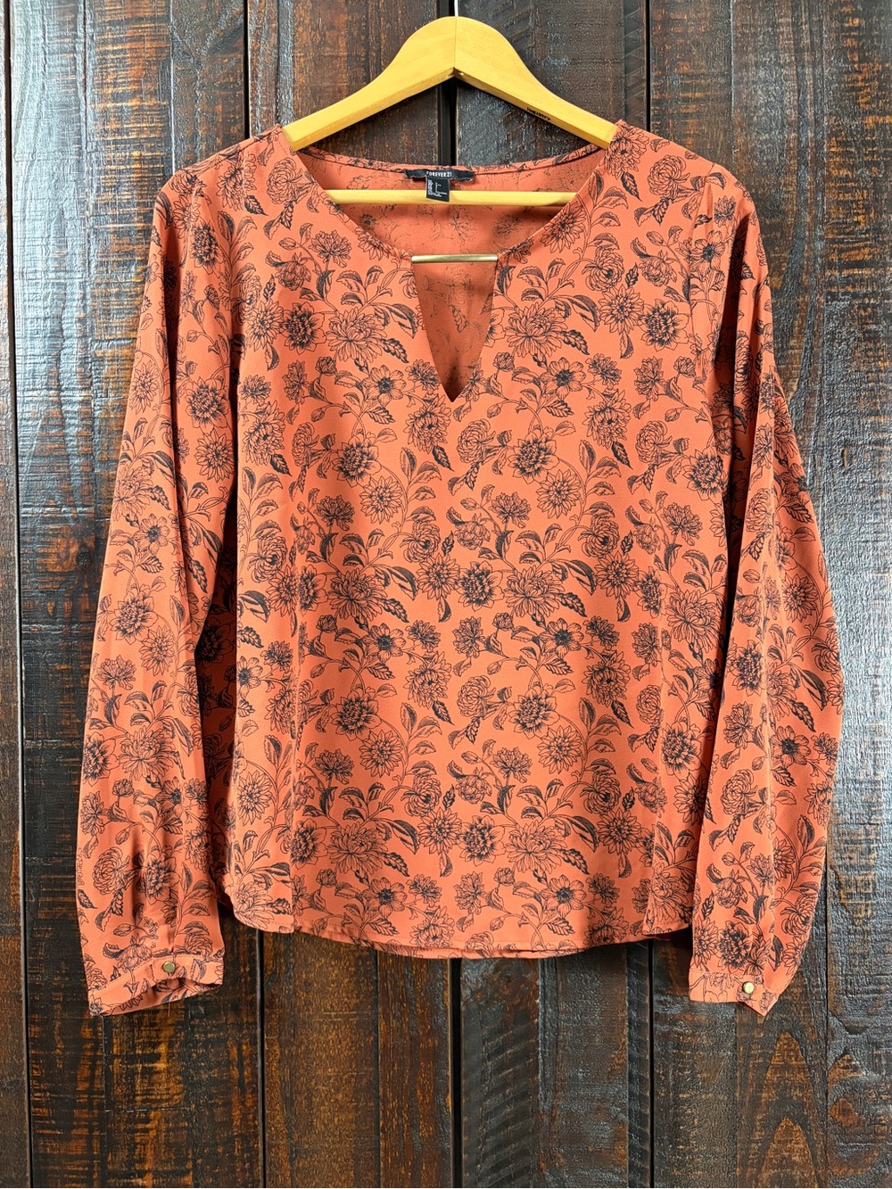 Forever 21 Rust Floral V-Neck Long Sleeve Blouse